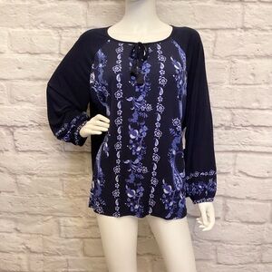Chico’s 3 (XL 16) NWT Floral Navy Blue Women's Top Stretchy Bishop Long Sleeve